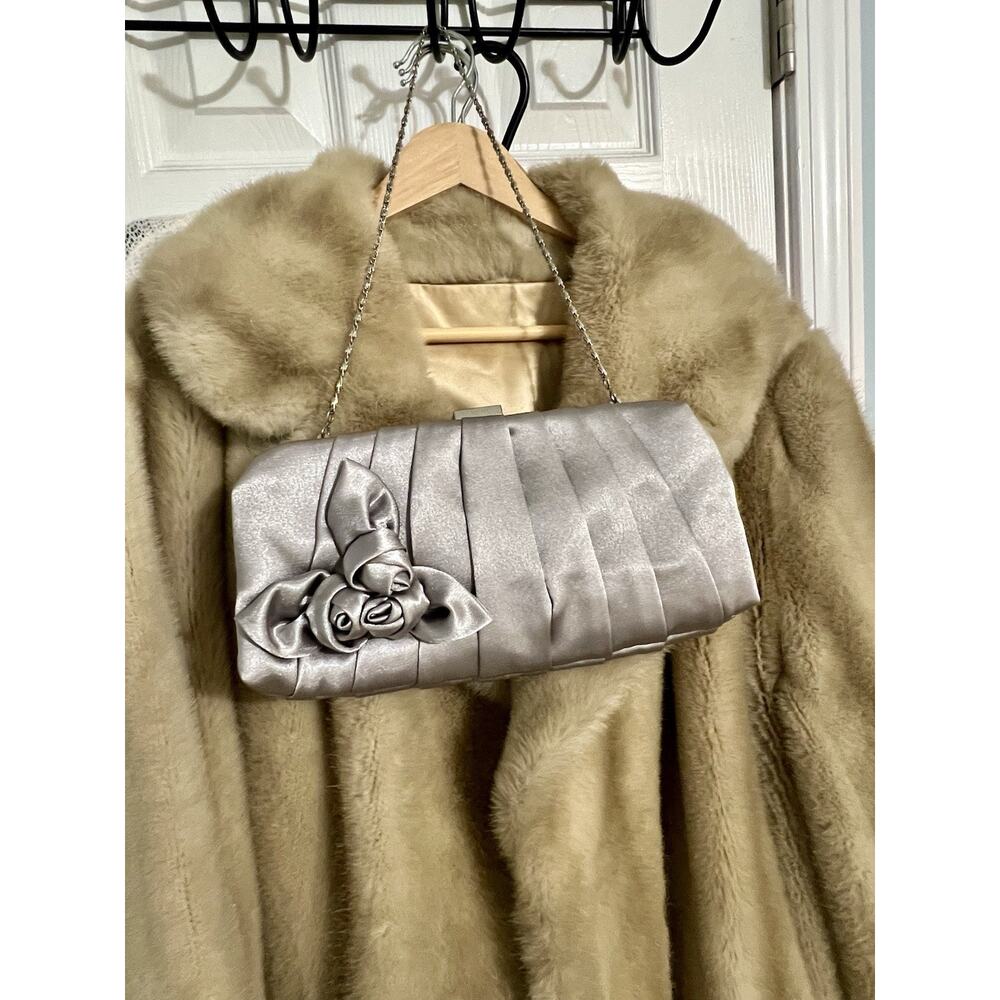 Jessica McClintock Silver Satin Rose Clutch With Silver Chain, NWOT